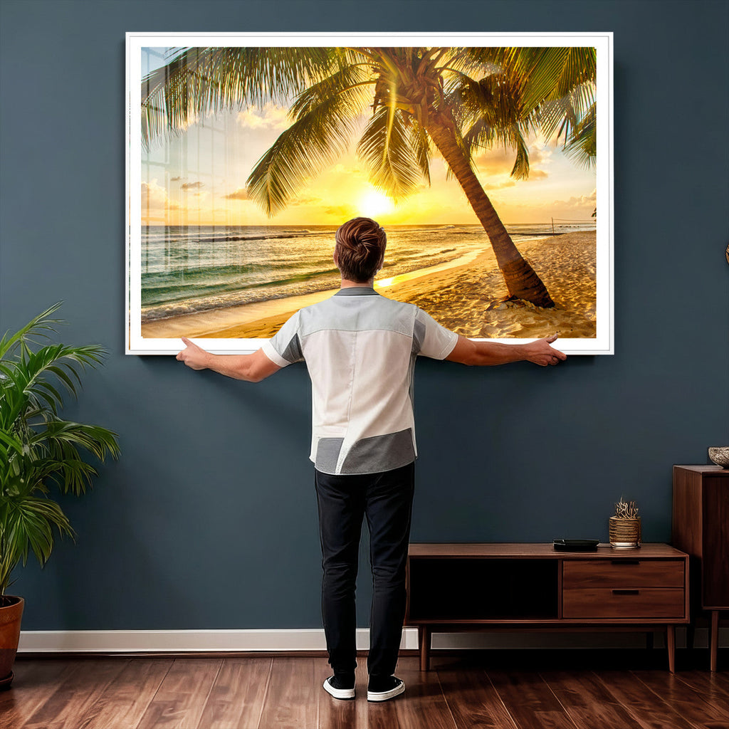 Beach Sunset Canvas Wall Art Print - Tropical Beach Canvas With Palm Trees