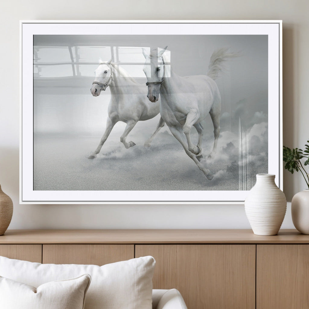 Large Wall Art Canvas Print, Beautiful Running White Horses