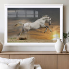 Large Wall Art Canvas Print, White Jumping Horse at Sunset