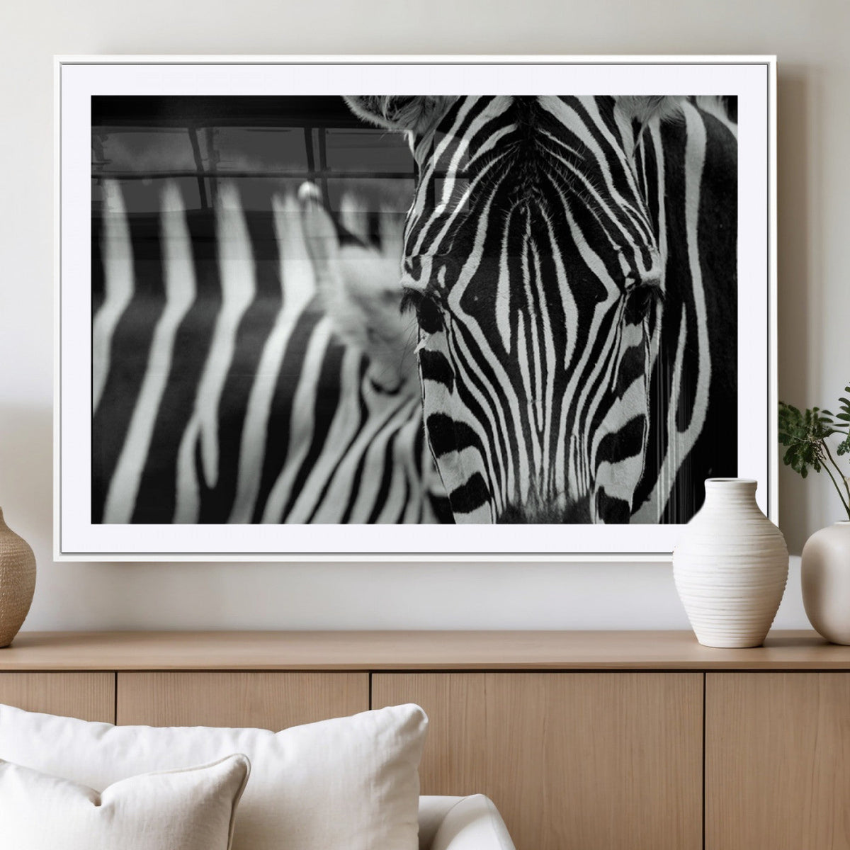 Zebra Wall Art | Zebra Close Up Canvas Print | Framed Black and White Wildlife