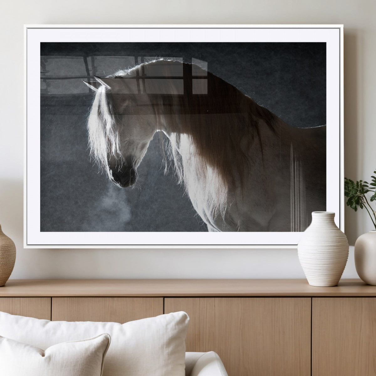 Large Wall Art Cream Colored Horse on Grey Background Canvas