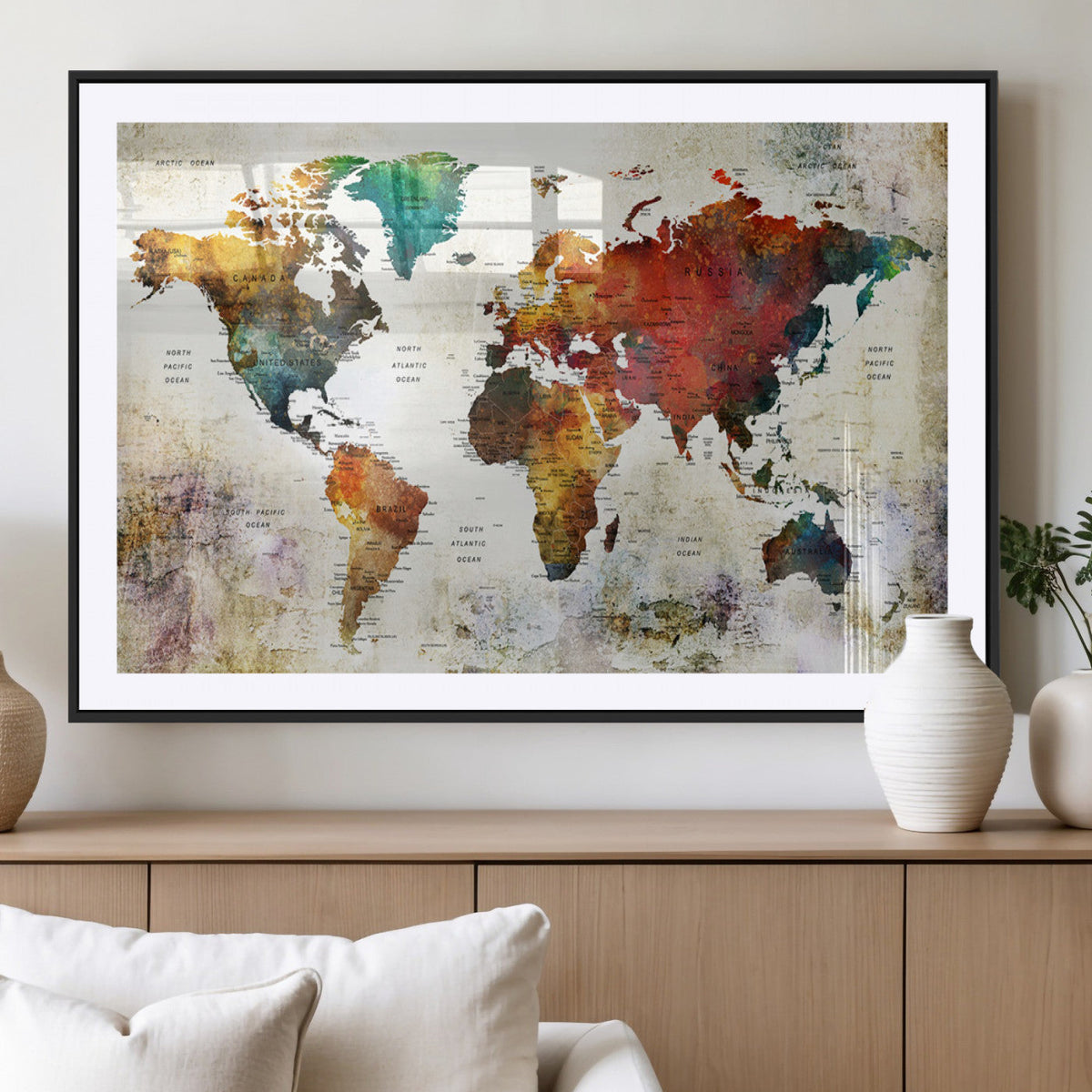 Watercolor World Map Canvas Print | Framed Travel Map Wall Art for Couples