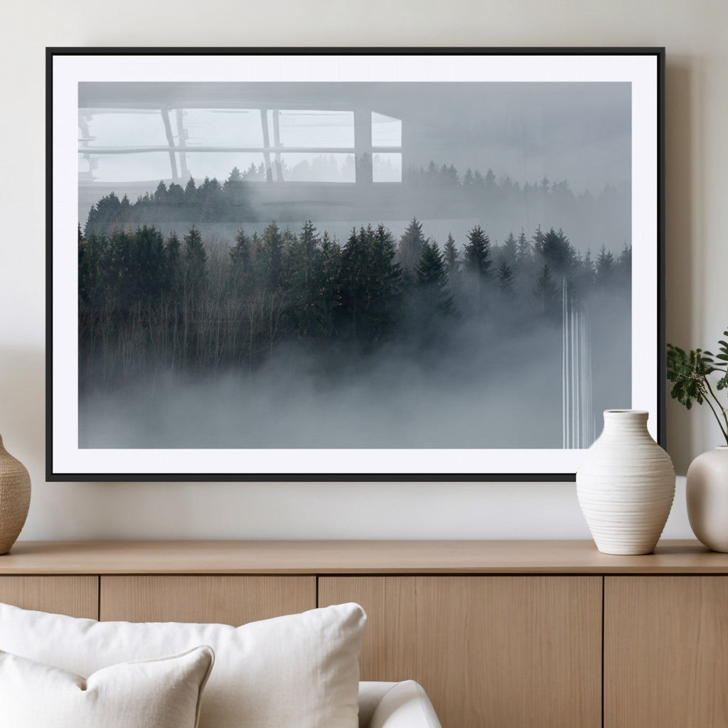 Autumn and Misty Trees in the Forest Wall Art Canvas Print, Foggy Forest Mountain Wall Art