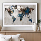 Abstract Earth Tone Blue World Map Canvas Print | Framed Travel Map Wall Art