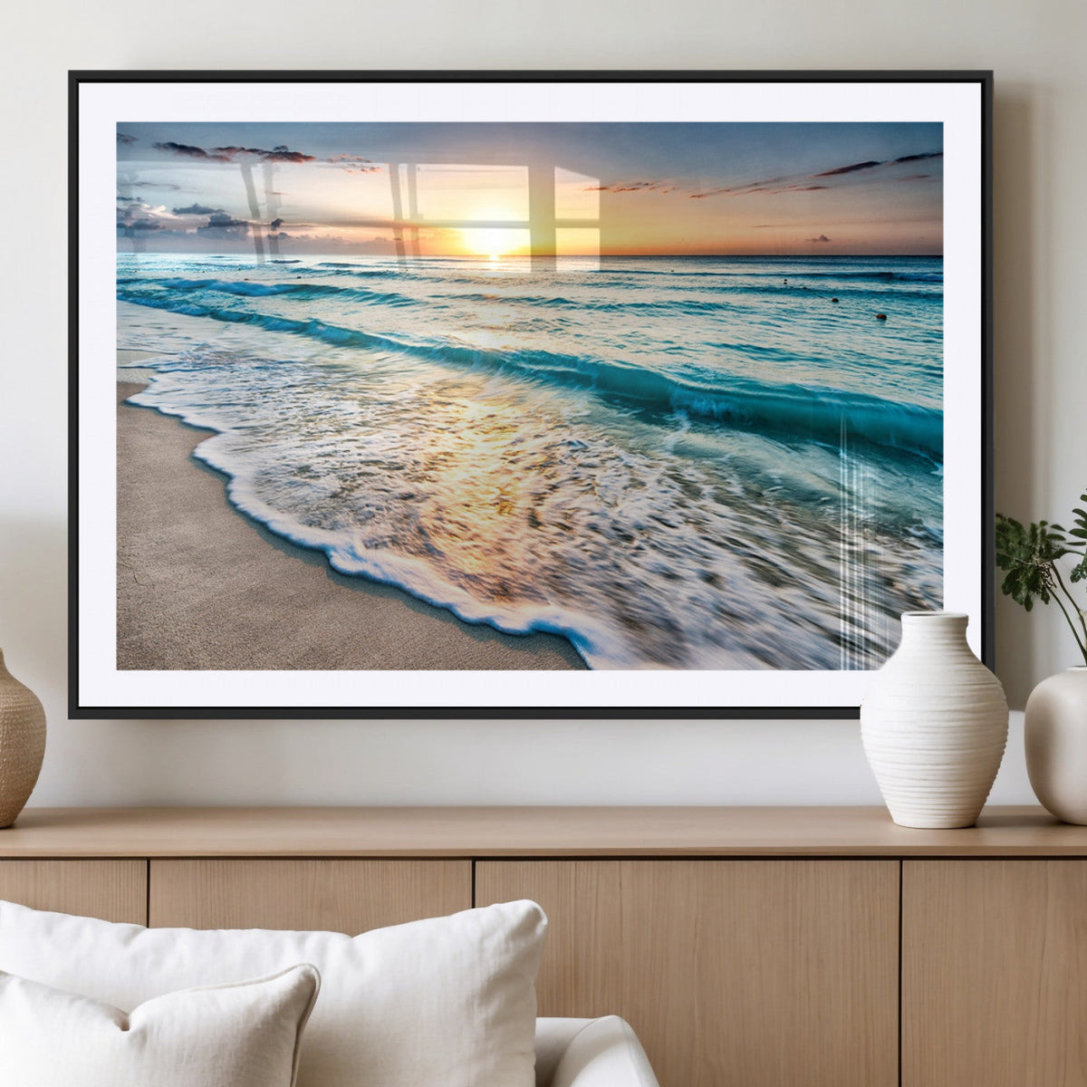 Sunset Beach Waves Canvas Wall Art | Ocean Sunset Coastal Print