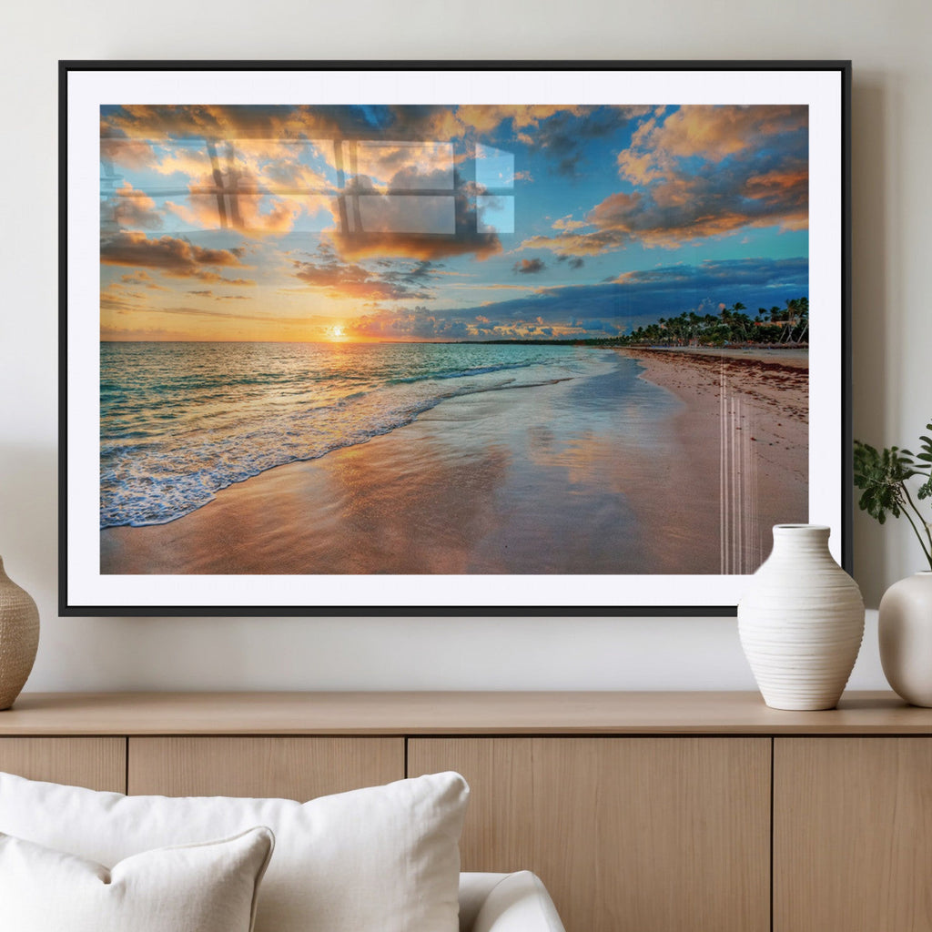 Sunset Beach Canvas Wall Art | Tropical Triptych Seascape Print