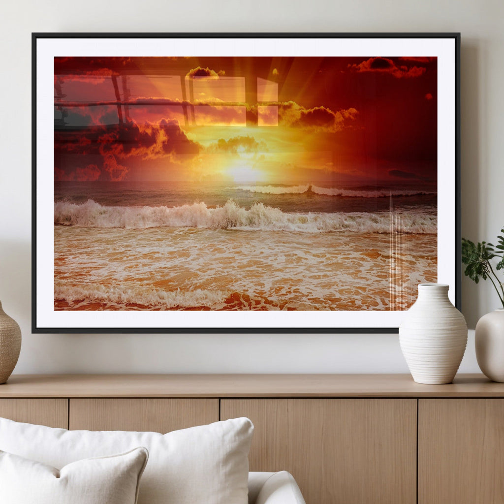 Red Sunset Ocean Beach Canvas Wall Art, Coastal Sunset Print