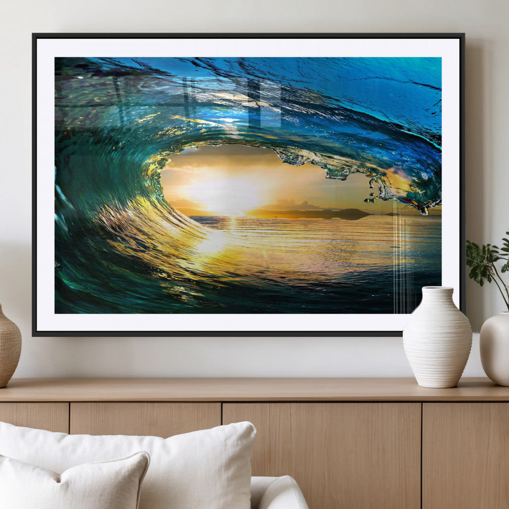 Ocean Wave at Sunset Canvas Art, Large Wall Print of Vibrant Surfing Wave