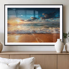 Golden Sunset Beach Triptych Canvas Art, Giclee Coastal Wall Decor, Ocean Waves Print