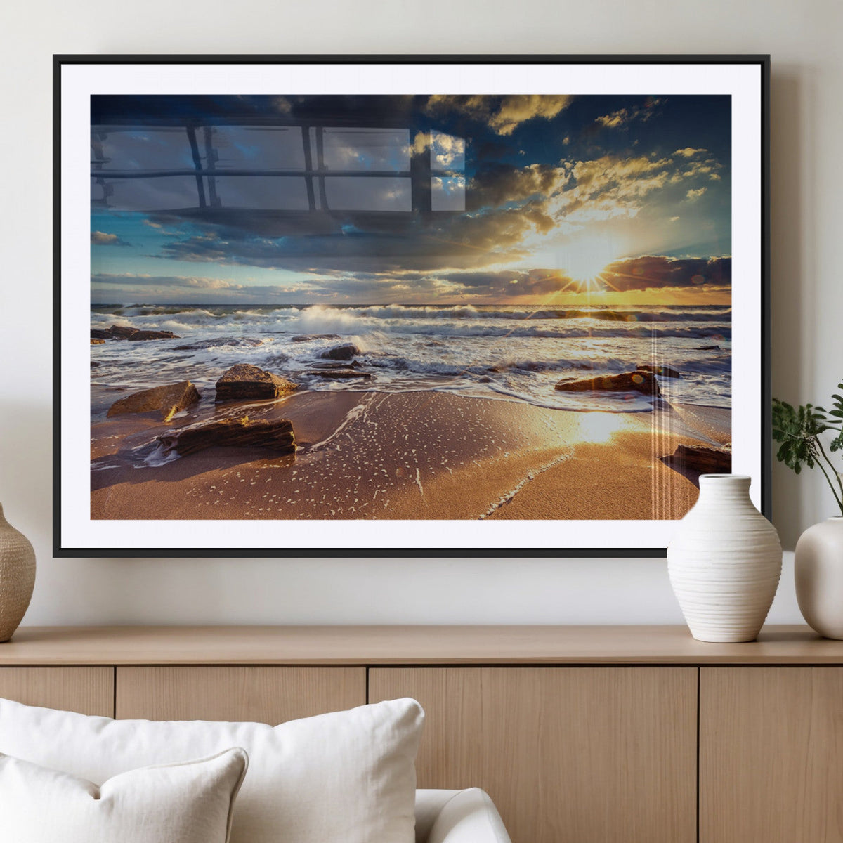 Golden Hour Beach Sunset Canvas Triptych, Ocean Waves and Rocks Wall Art