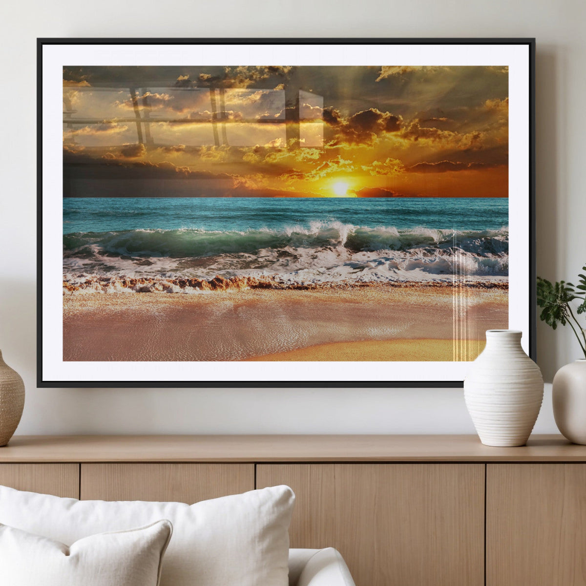 Golden Sunset Beach Canvas Wall Art | Triptych Seascape Print, Framed and Ready to Hang