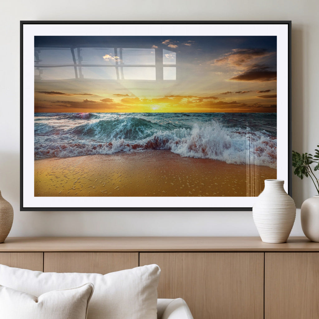 Golden Sunset Ocean Waves Wall Art Canvas Print | Multi Panel Beach Canvas Set, Coastal Triptych