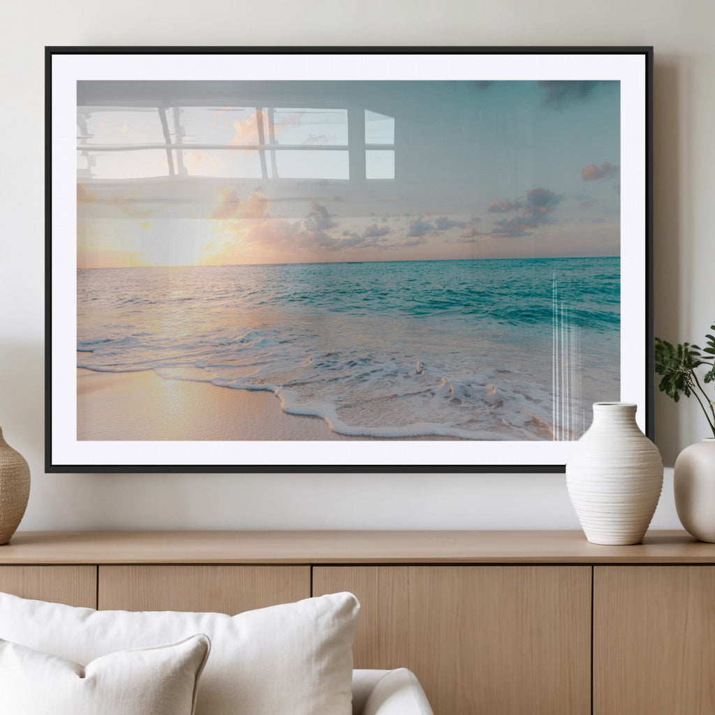 Tranquil Ocean Beach Sunset Canvas Wall Art | 3-Panel Coastal Decor