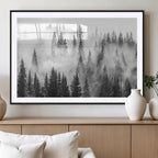 Forest Wall Art Print | Foggy Pine Forest Canvas Wall Art, Black and White Nature Decor