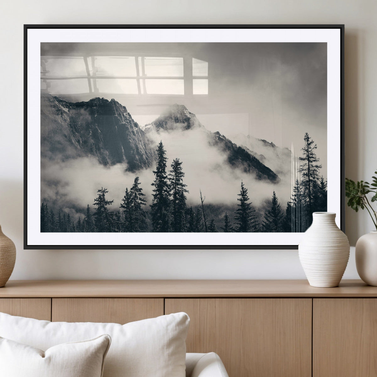 Forest Mountain Print | Black and White Canvas Wall Art with Misty Forest Design
