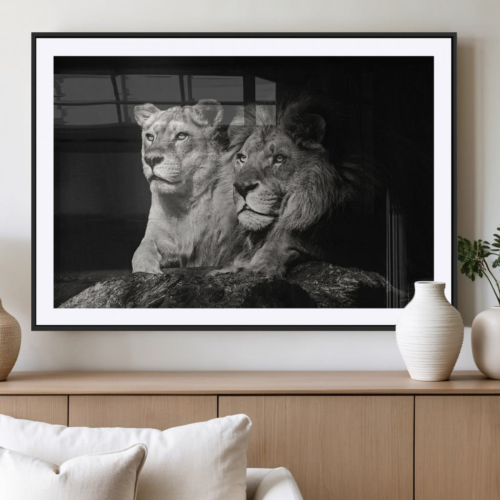 Lion Couple Wall Art Canvas Print, Elegant Black and White Wildlife Portrait