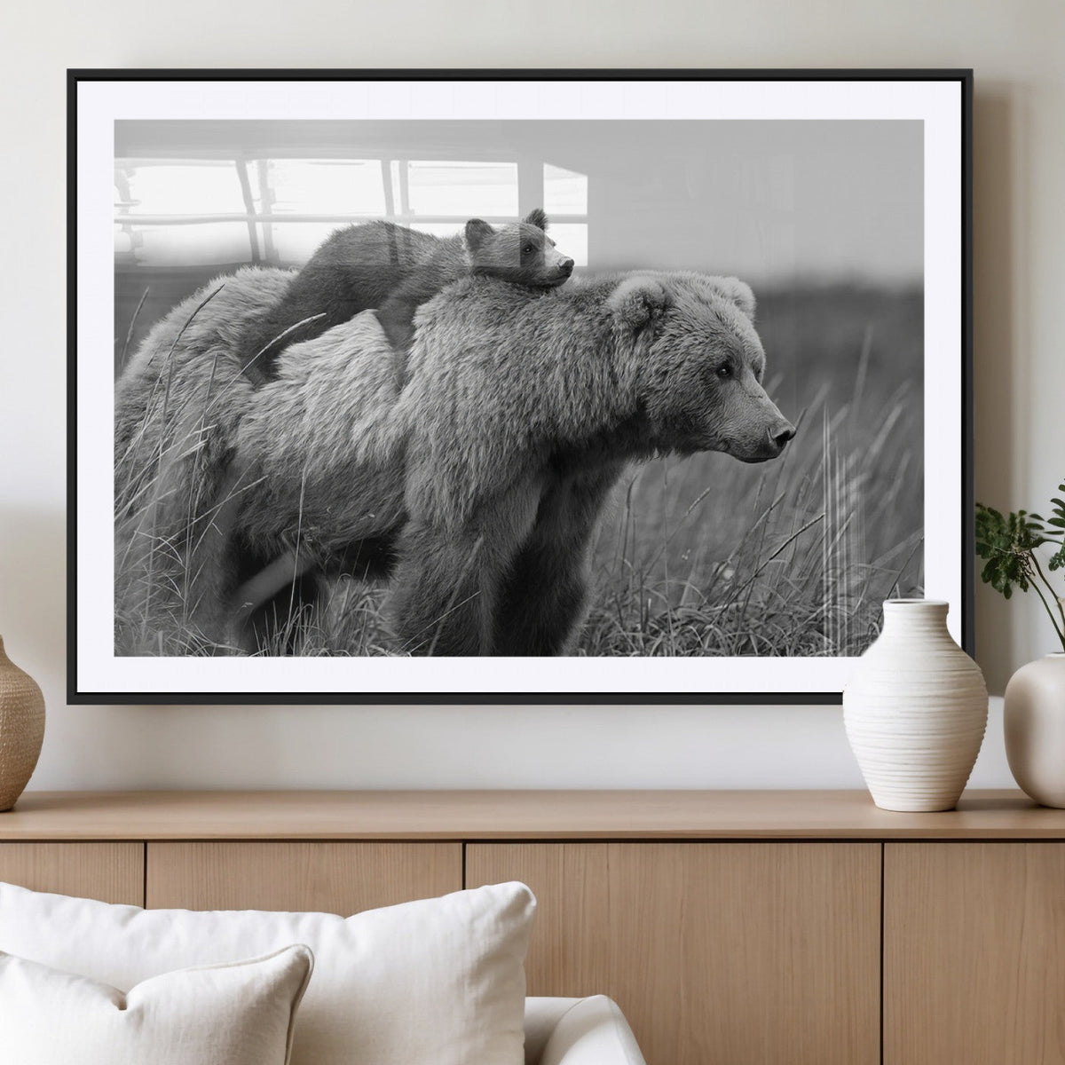 Bear and Cub Wall Art Canvas | Grizzly 399 Bear and Cub Black and White Wildlife Print