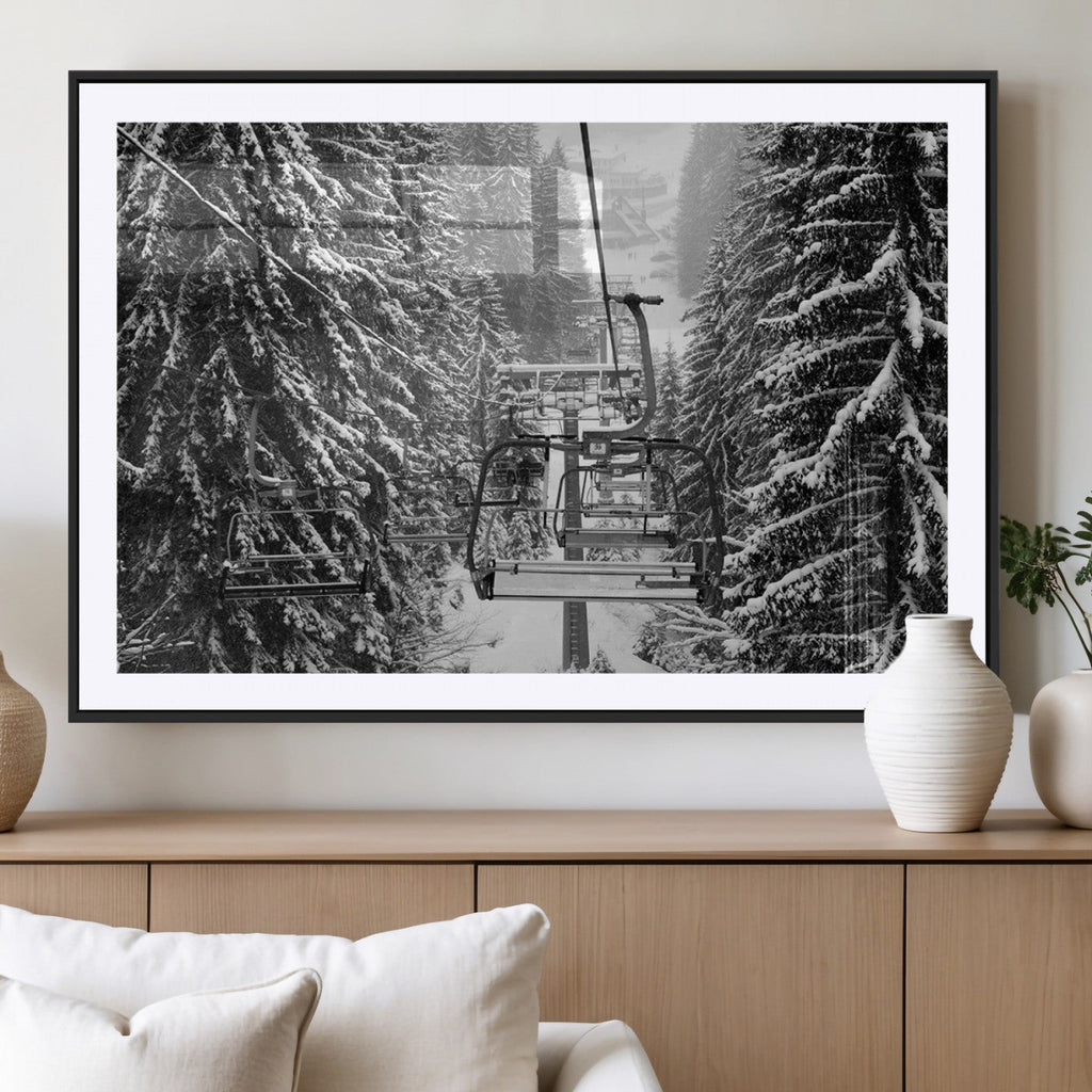 Winter Ski Lift Black and White Canvas Wall Art | Alpine Escape in Minimalist Style