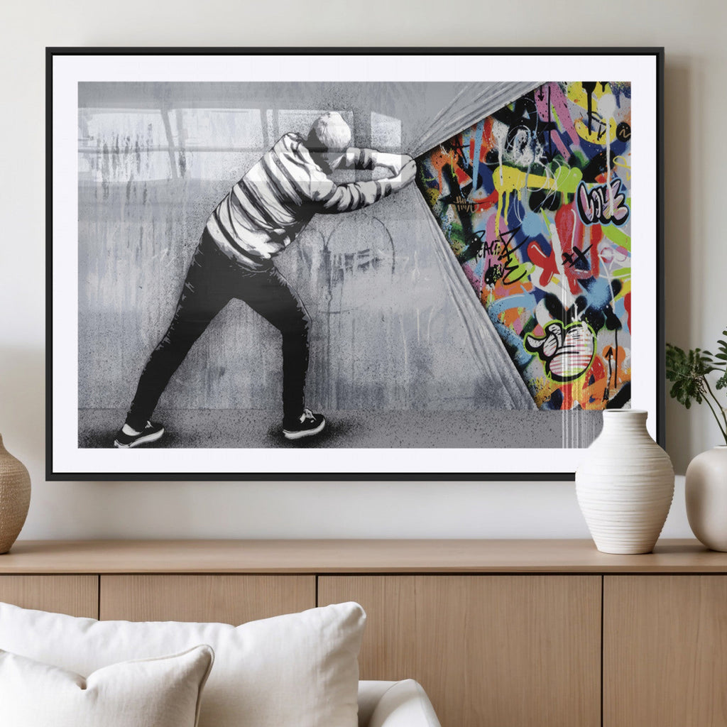 Banksy Art Behind the Curtain Street Wall Art Canvas Print | Urban Graffiti Style Wall Decor