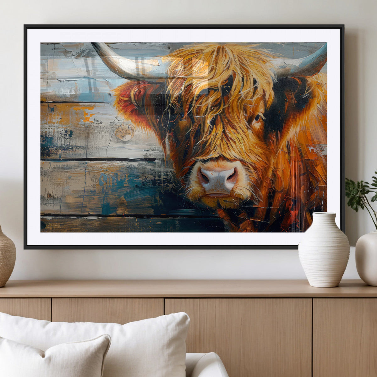 Highland Cow Abstract Canvas Wall Art, Bold Farmhouse Decor