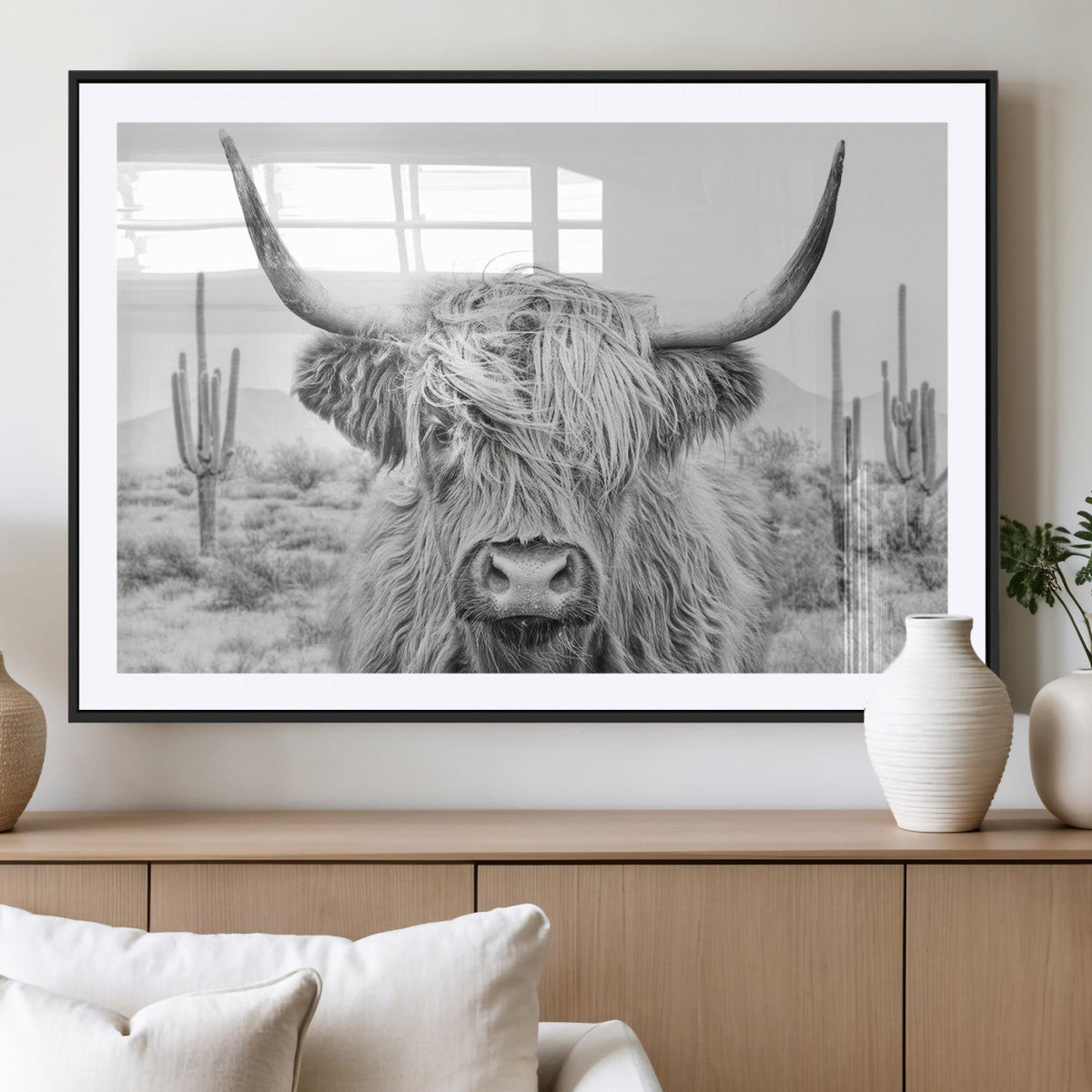 Rustic Charm, Cow Longhorn Black White Bighorn Wall Art