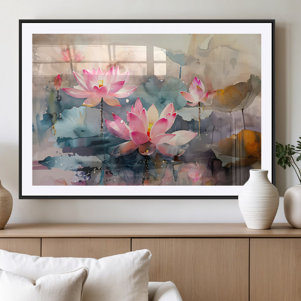 Lotus Flower Wall Art | 3 Panel Giclee Canvas Print of Pink Lotus Blossoms
