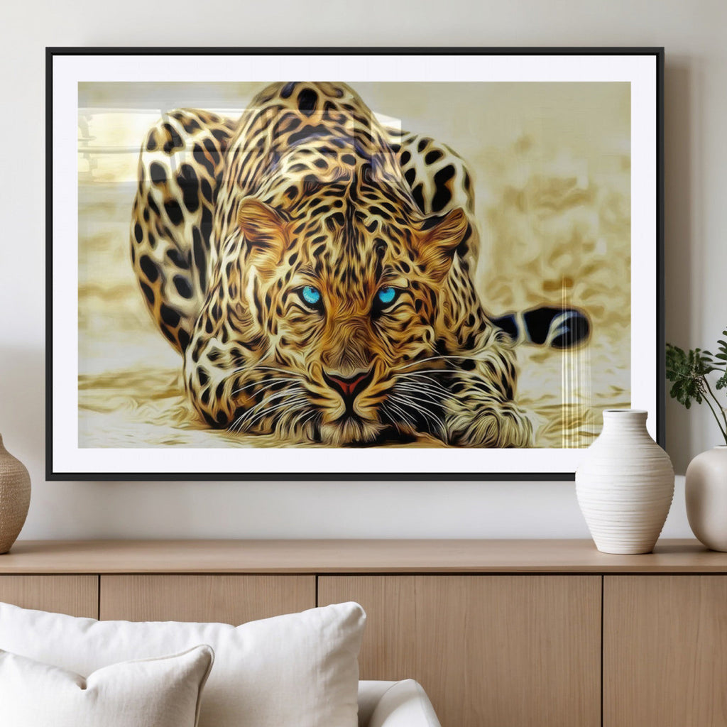 Blue-Eyed Leopard Canvas Wall Art, Framed Animal Print, Fierce and Bold Decor for Living Rooms