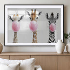 Bubblegum Animals Canvas Wall Art, Playful Giraffe and Zebra Trio, Whimsical Nursery and Kids Room Decor