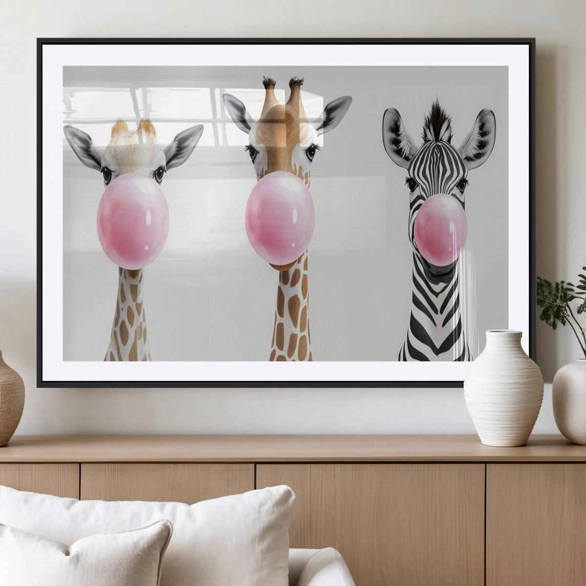 Bubblegum Animals Canvas Wall Art, Playful Giraffe and Zebra Trio, Whimsical Nursery and Kids Room Decor