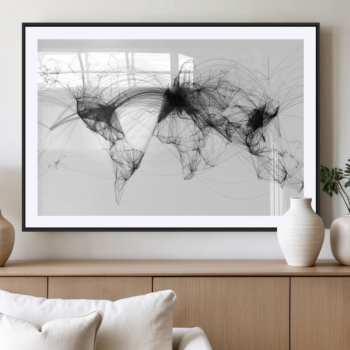 Abstract World Map Wall Art | Framed Geometric Line Canvas