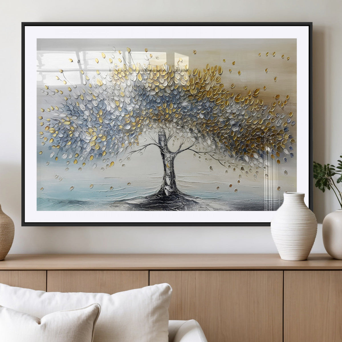 Golden and Silver Tree Wall Art | Framed Elegant Leaves Canvas