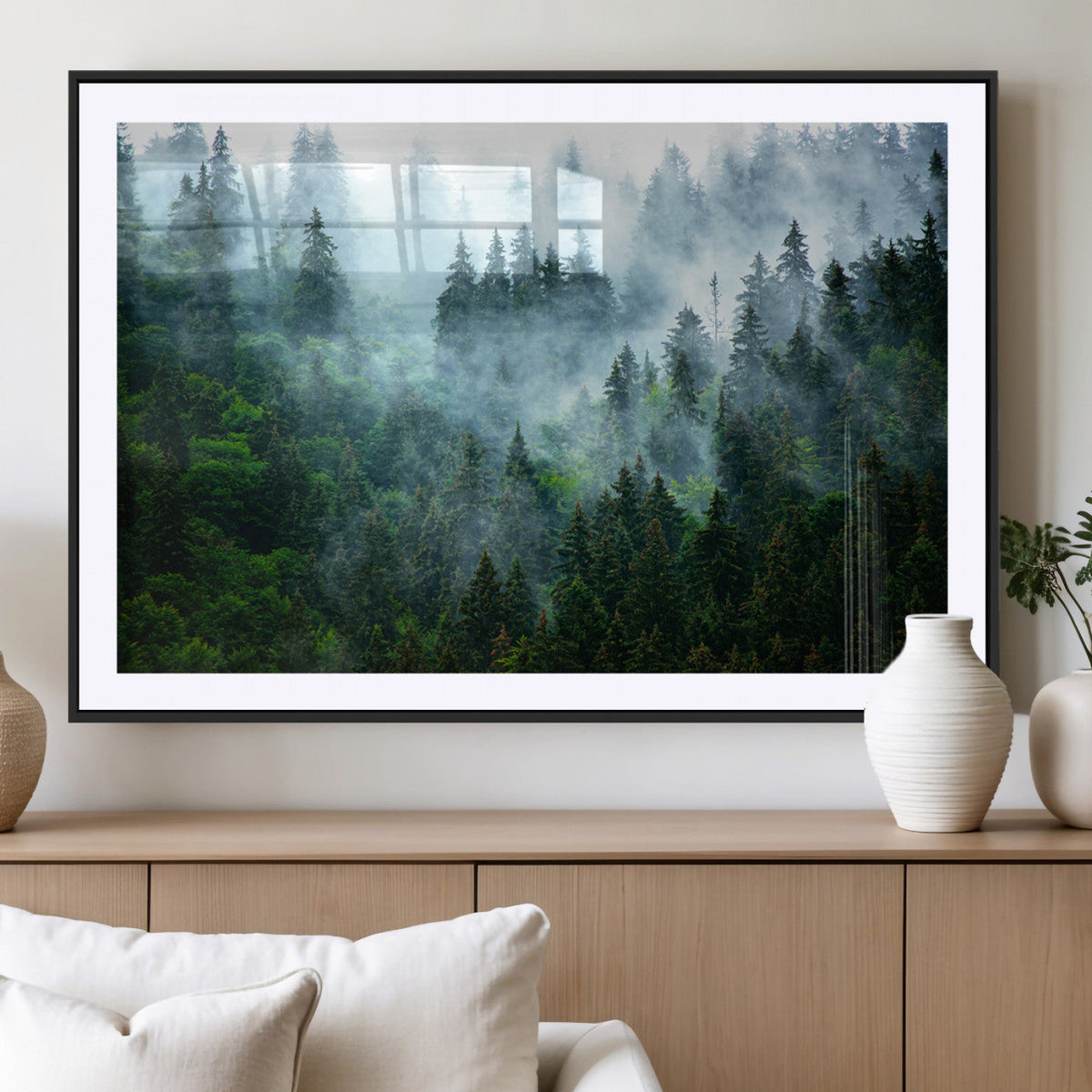 Misty Forest Wall Art Canvas Print, Framed Foggy Mountain Art, Large Scenic Woodland Canvas