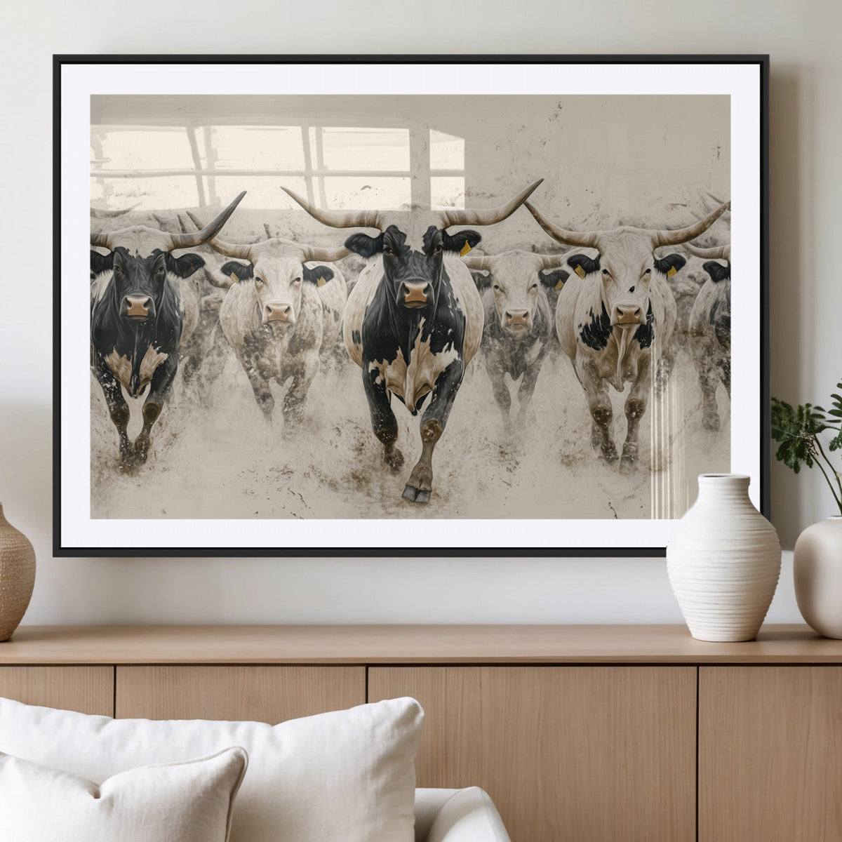 Texas Longhorn Wall Art | Framed Cattle Walking Canvas