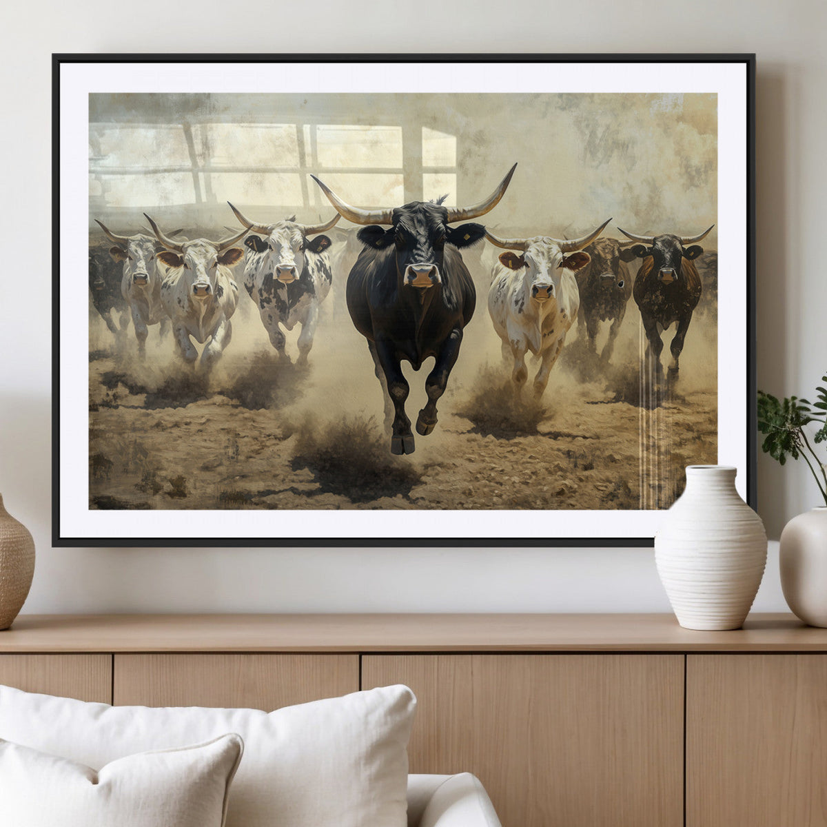 Texas Longhorn Wall Art | Framed Charging Cattle Canvas