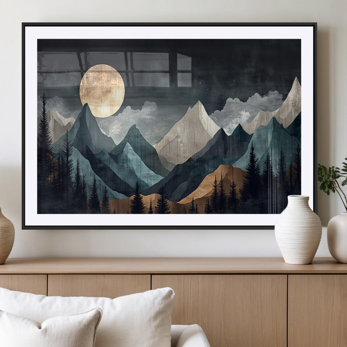 Moonlit Mountain Wall Art Canvas Print, Framed Silhouetted Pines Art, Layered Peaks Rustic Decor