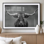 Texas Longhorn Wall Art Canvas Print, Framed Western Bull Photography, Rustic Log Cabin Decor