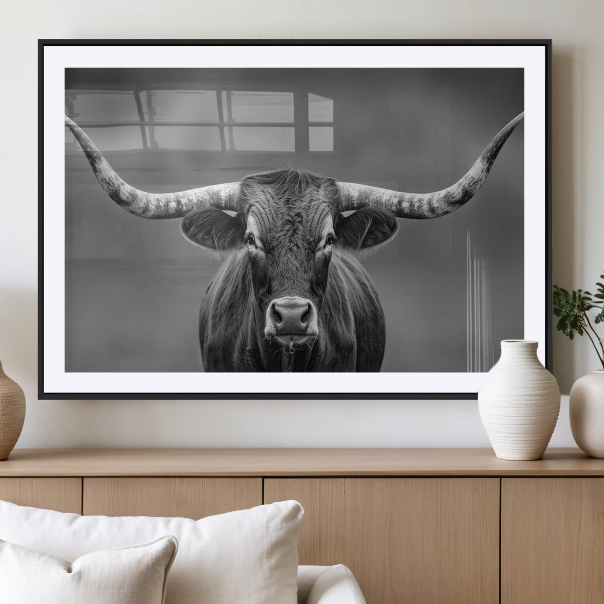 Texas Longhorn Wall Art Canvas Print, Framed Western Bull Photography, Rustic Log Cabin Decor