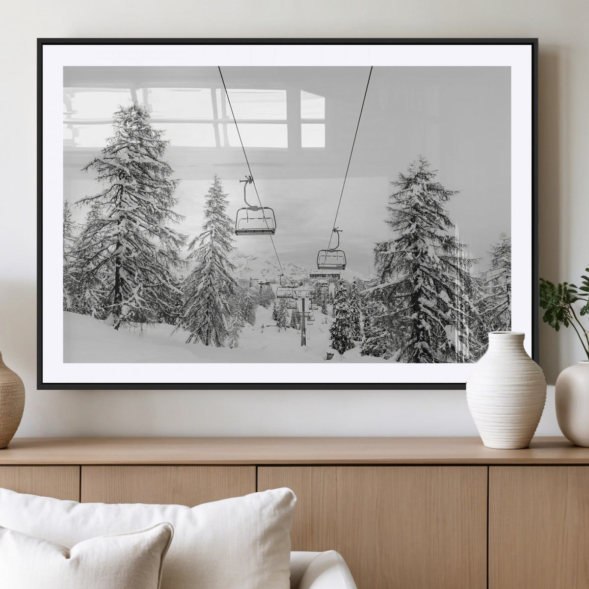 Snowy Ski Lift Wall Art | Framed Winter Forest Canvas
