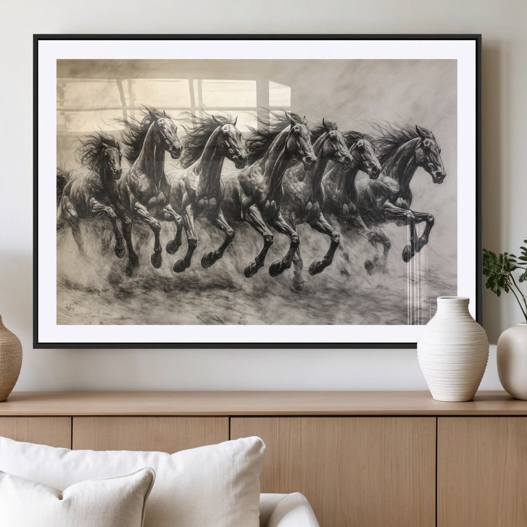 Running Horses Wall Art Canvas Print, Framed Monochrome Galloping Herd Sketch