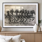 Running Horses Wall Art Canvas Print, Framed Monochrome Galloping Herd Sketch