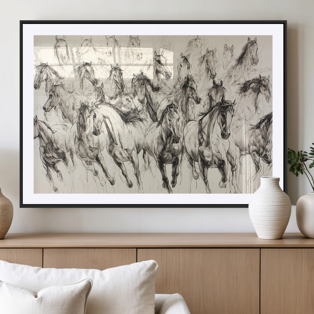 Abstract Horse Wall Art Canvas Print, Framed Horse Sketch with Galloping Herd