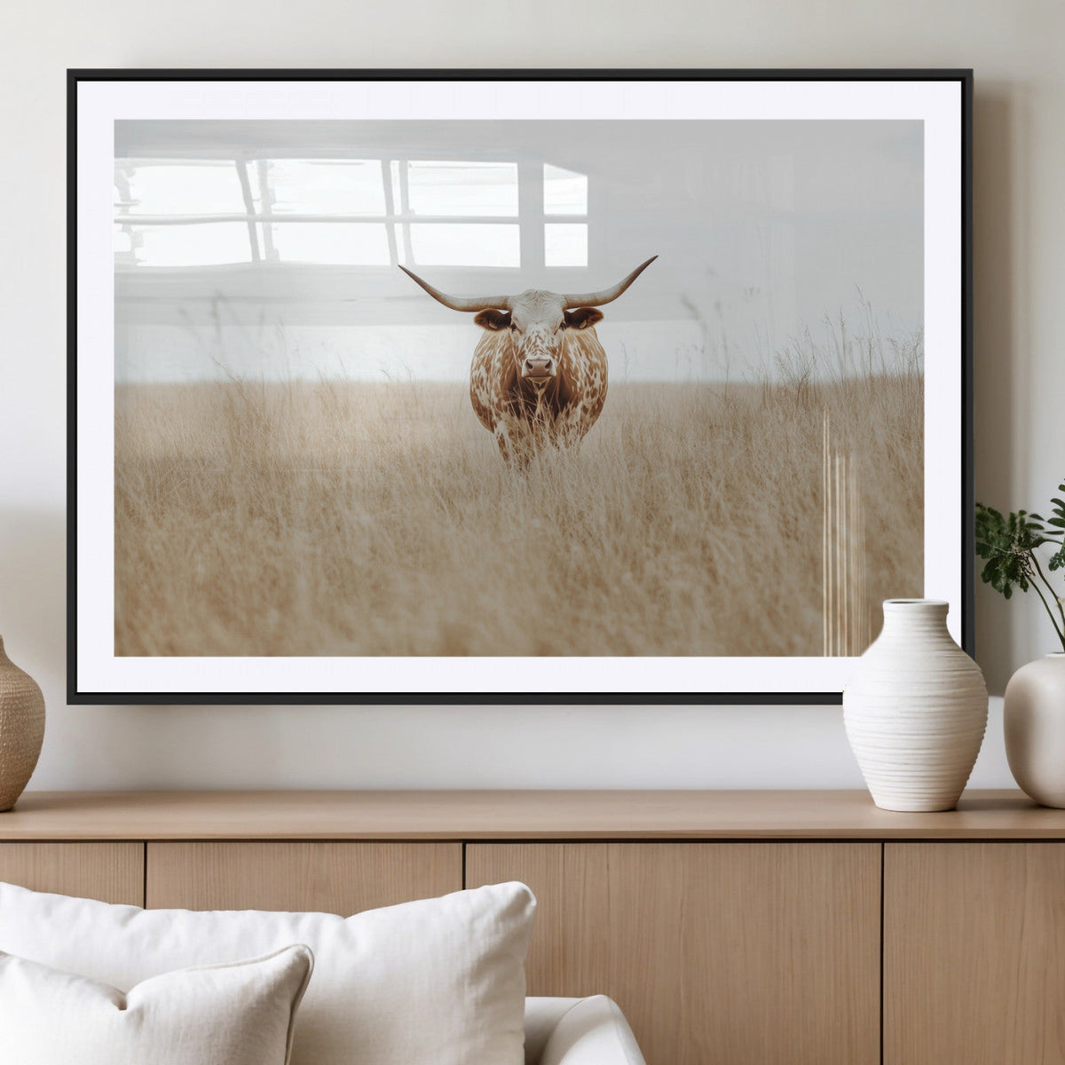 Texas Longhorn Wall Art Canvas Print, Framed Lone Cattle and Longhorn Bull Scene