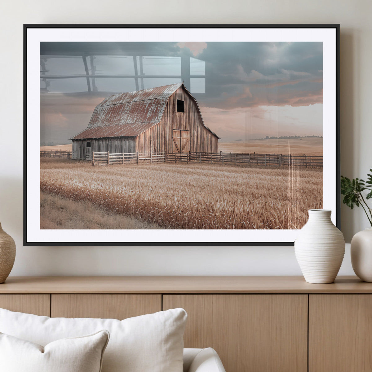 Rustic Barn Wall Art Canvas Print, Framed Wheat Field Scene