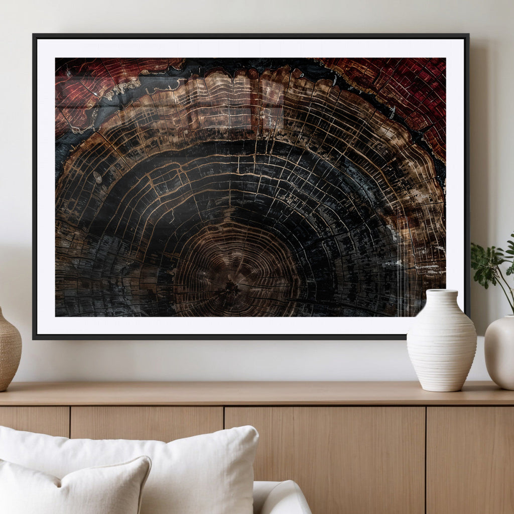 Dark Wood Ring Wall Art Canvas Print, Framed Abstract Tree Slice Print, Rustic Wood Grain Decor