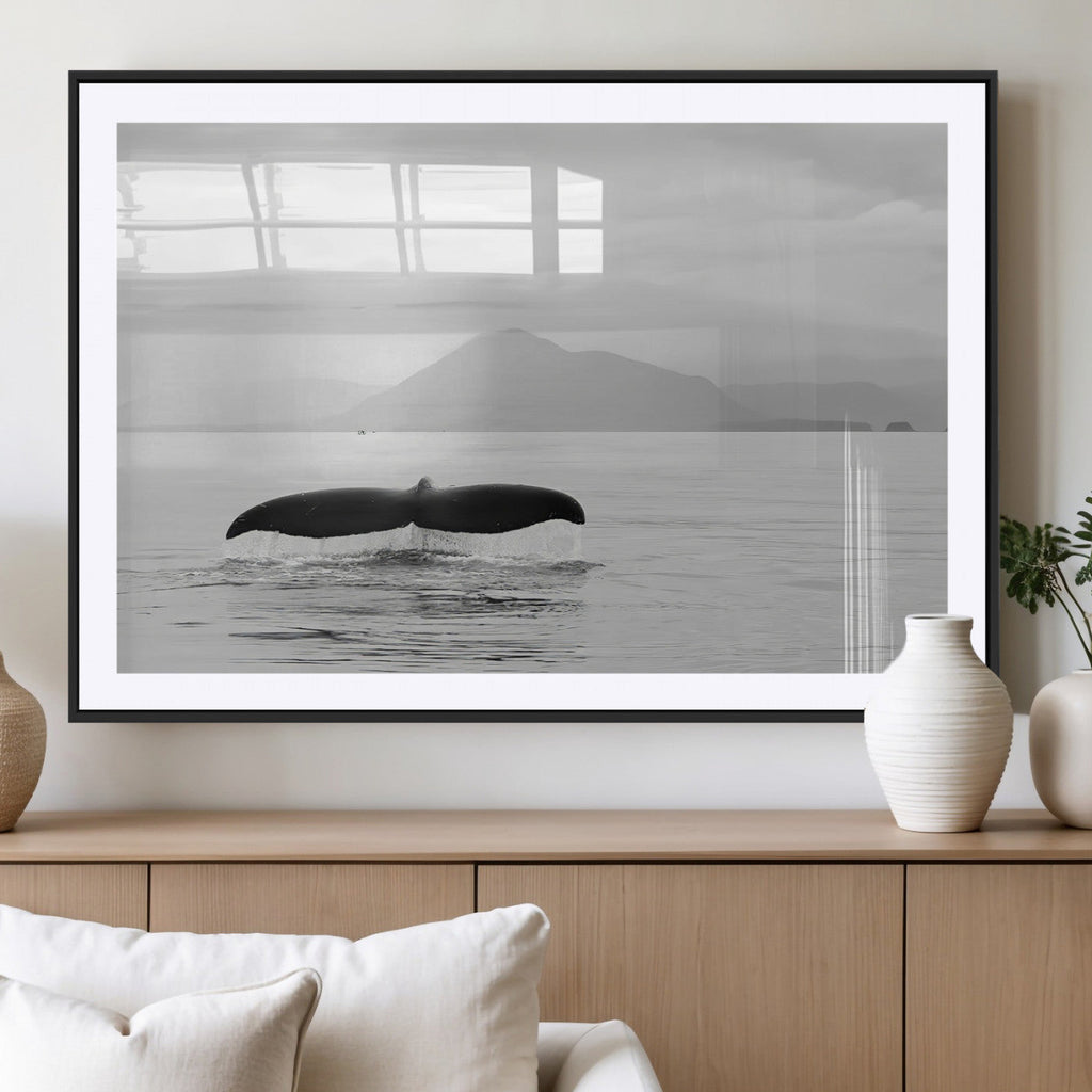 Whale Tail Wall Art | Framed Black White Ocean Canvas