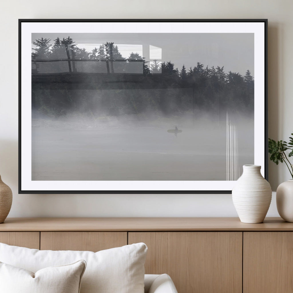 Surfer Fog Wall Art Canvas Print, Framed Foggy Beach and Coastal Surf Scene