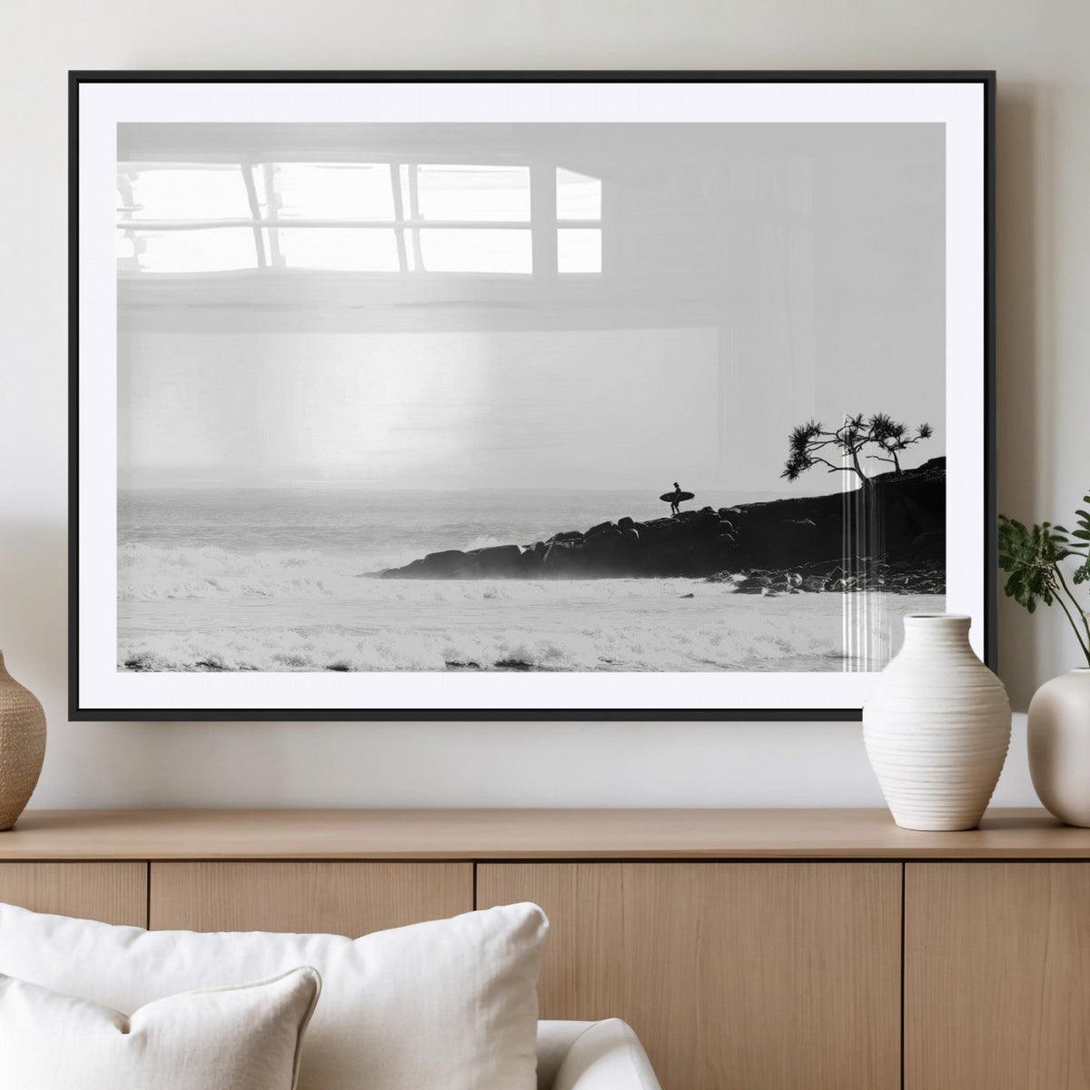 Surfer Cliffs Wall Art Canvas Print, Framed Black White Beach and Ocean Waves