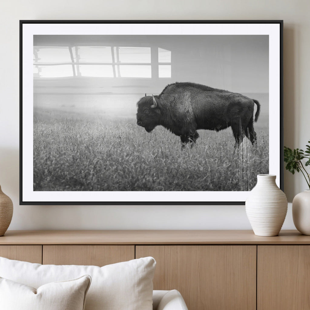 Bison Wall Art Canvas Print, Framed Rustic Wildlife Scene with Wild Buffalo