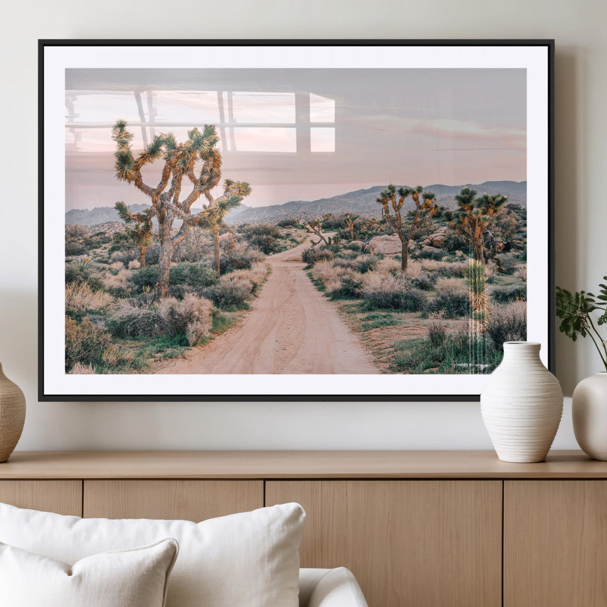 Joshua Tree Wall Art Canvas Print, Framed Desert Road Scene at Sunset