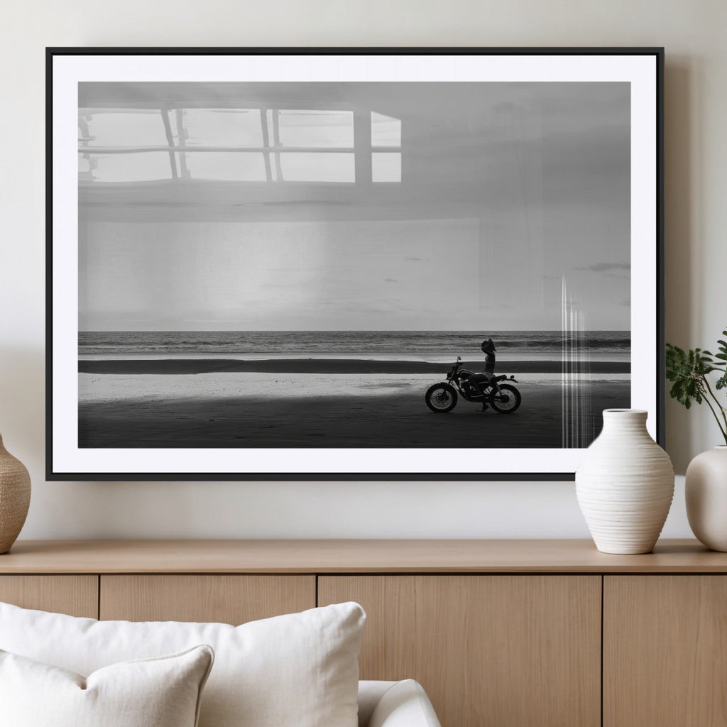 Motorcycle Beach Wall Art Canvas Print, Framed Vintage Motorcycle and Biker Silhouette